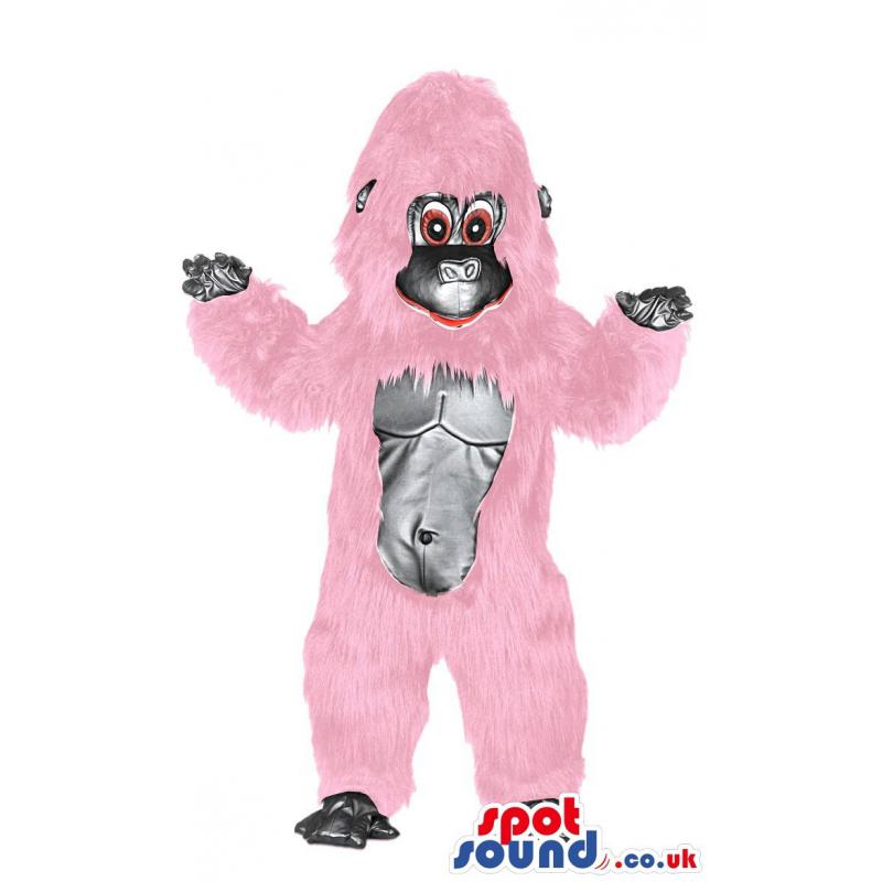 Monkey mascot in pink colour with bare foot looking at you -