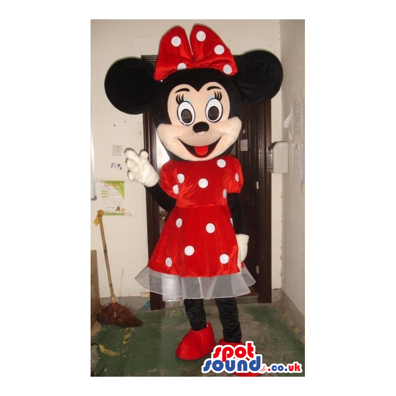 Minnie Mouse Disney Mascot Wearing A Red Dress With Dots -