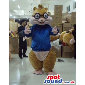 Brown Chipmunk Plush Mascot With A Blue Sweater And Glasses -