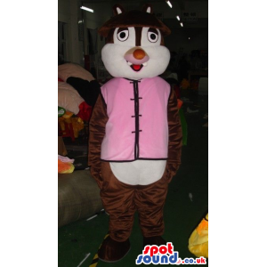Dark Brown Chipmunk Plush Mascot With Pink Oriental Garments -