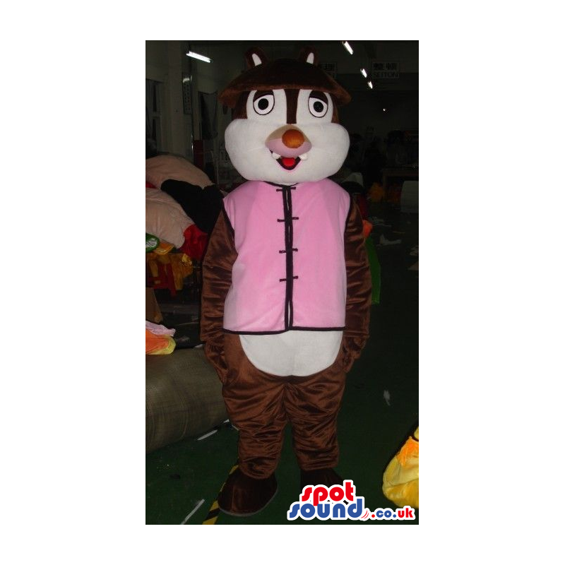 Dark Brown Chipmunk Plush Mascot With Pink Oriental Garments -