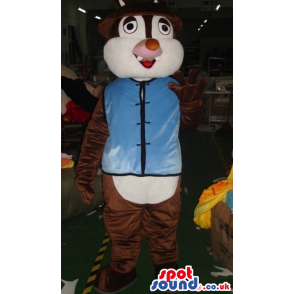 Dark Brown Chipmunk Plush Mascot With Blue Oriental Garments -