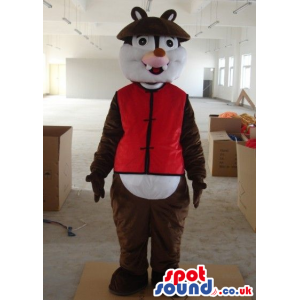 Dark Brown Chipmunk Plush Mascot With Red Oriental Garments -