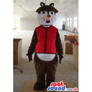 Dark Brown Chipmunk Plush Mascot With Red Oriental Garments -