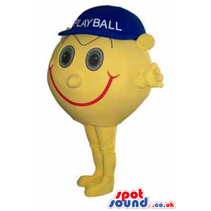 Yellow Ball Mascot Wearing A Blue Cap With Space For Text -