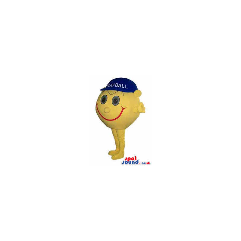 Yellow Ball Mascot Wearing A Blue Cap With Space For Text -