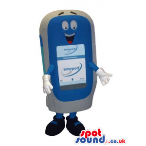Blue And Grey Cell Phone Funny Mascot With Space For Text -