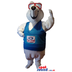 White Seal Plush Mascot Wearing A T-Shirt And Diver Glasses -