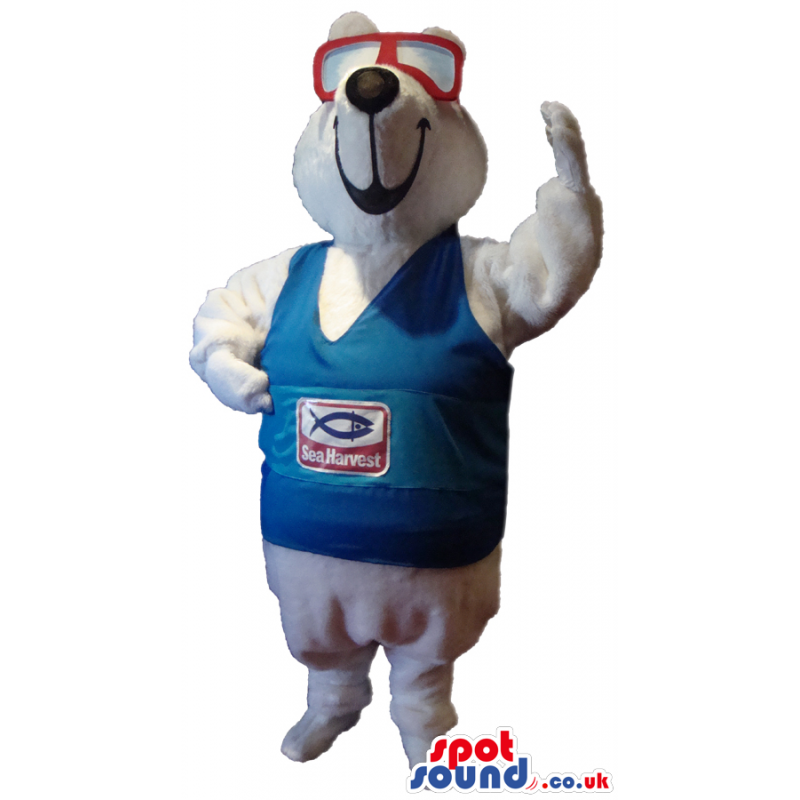 White Seal Plush Mascot Wearing A T-Shirt And Diver Glasses -