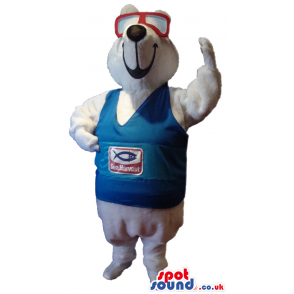 White Seal Plush Mascot Wearing A T-Shirt And Diver Glasses -