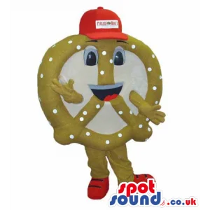 Pretzel Snack Food Mascot Wearing A Red Cap With Logo - Custom