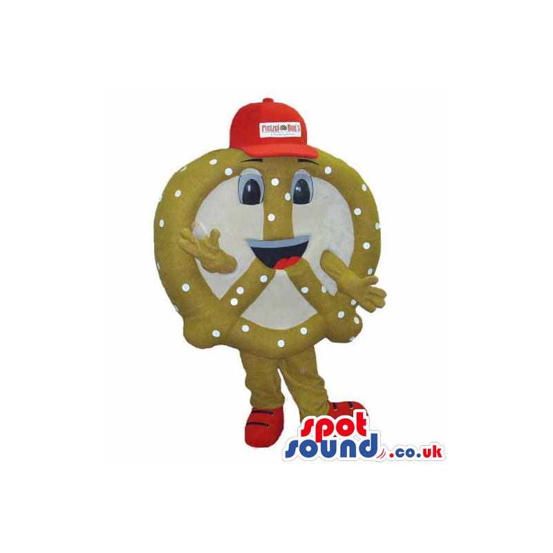 Pretzel Snack Food Mascot Wearing A Red Cap With Logo - Custom