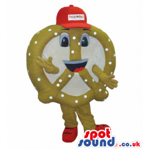 Pretzel Snack Food Mascot Wearing A Red Cap With Logo - Custom