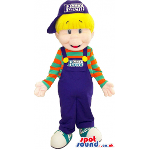 Blond Boy Funny Mascot Wearing Blue Overalls And A Striped