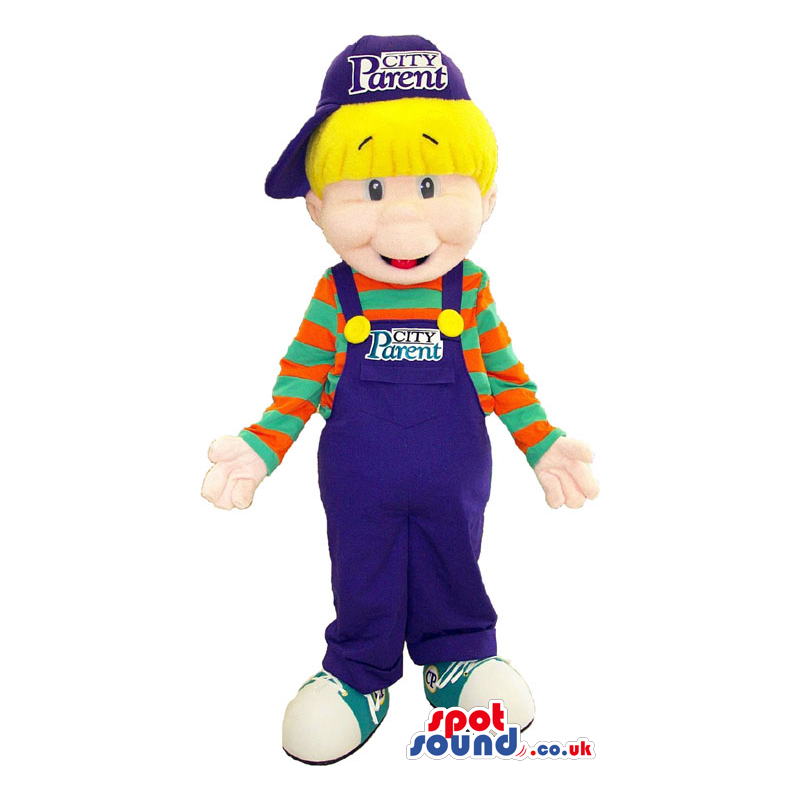 Blond Boy Funny Mascot Wearing Blue Overalls And A Striped