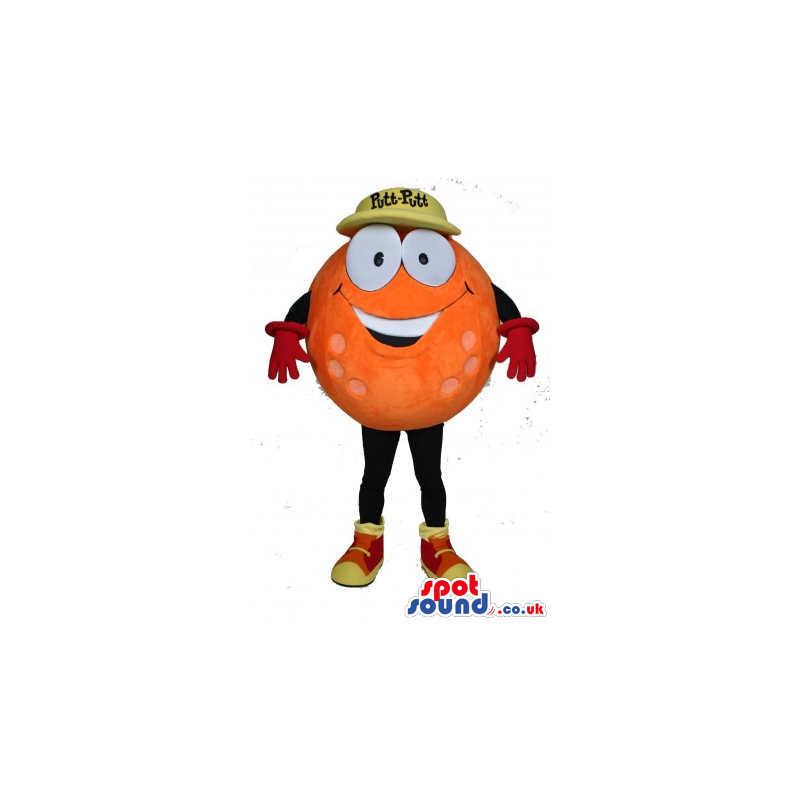 Orange Golf Ball Mascot Wearing A Yellow Cap With Text - Custom