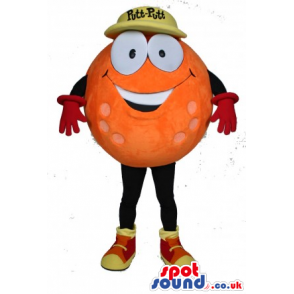 Orange Golf Ball Mascot Wearing A Yellow Cap With Text - Custom