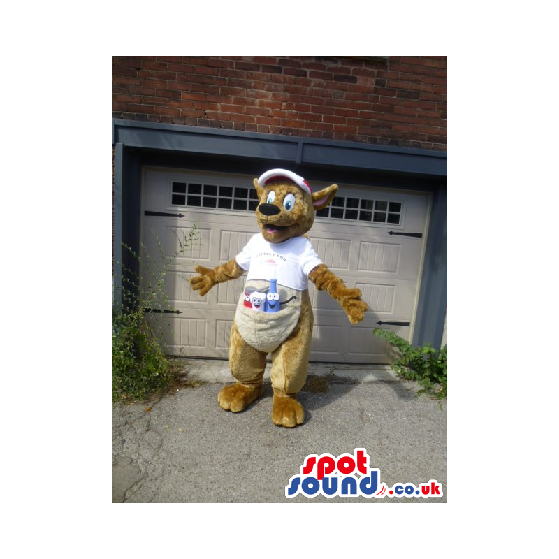 Beige Kangaroo Animal Mascot Wearing A Cap And A T-Shirt -