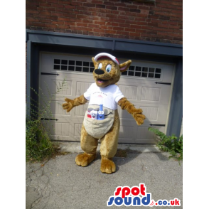 Beige Kangaroo Animal Mascot Wearing A Cap And A T-Shirt -