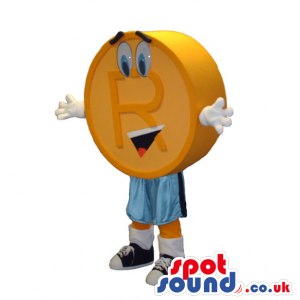 Orange Round Funny Mascot With Letter R Wearing Sports Clothes
