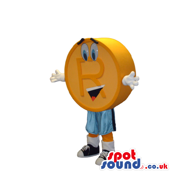 Orange Round Funny Mascot With Letter R Wearing Sports Clothes