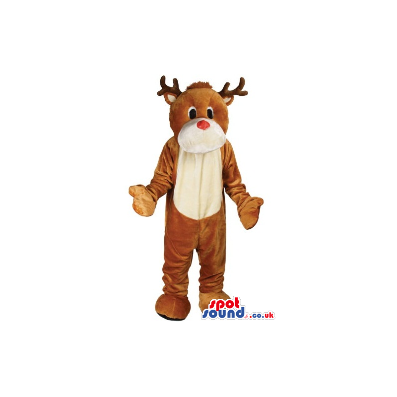Cute Brown Reindeer Animal Mascot With Red Nose And Beige Belly