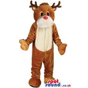 Cute Brown Reindeer Animal Mascot With Red Nose And Beige Belly