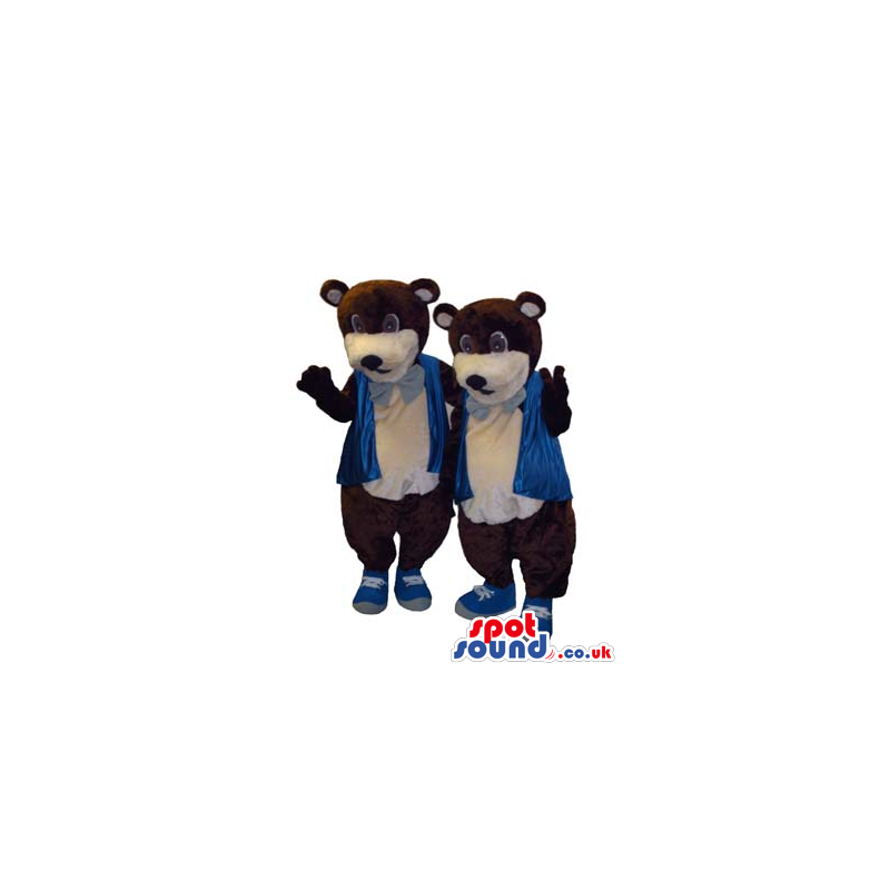 Two Brown Bear Animal Mascots Wearing A Blue Neck Tie And