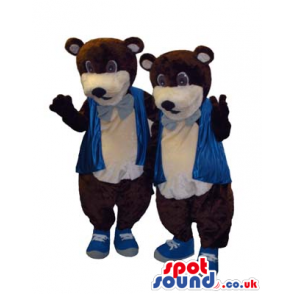 Two Brown Bear Animal Mascots Wearing A Blue Neck Tie And