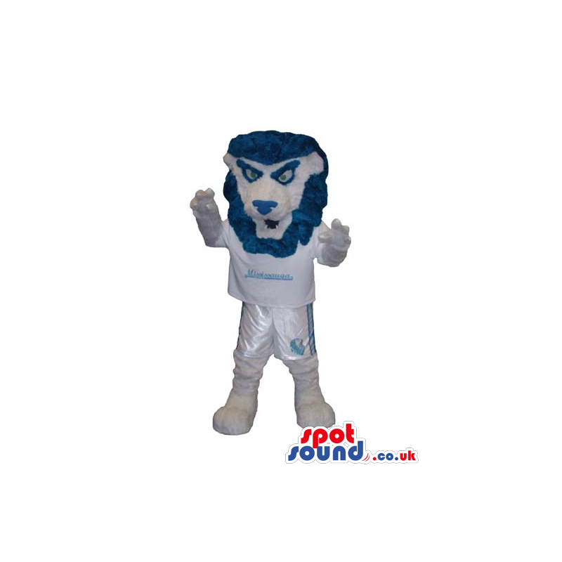 White And Blue Lion Animal Mascot Wearing Sports Clothes -
