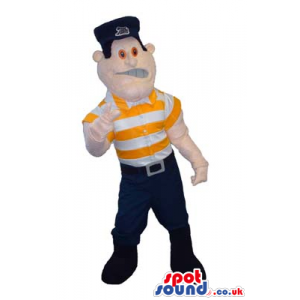 Guard Human Character Mascot Wearing A Hat And Striped Shirt -