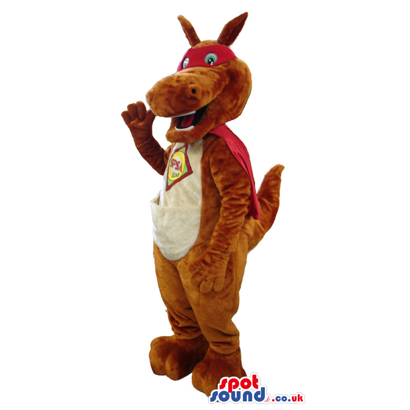 Brown Kangaroo Animal Plush Mascot Wearing A Red Mask And Cape