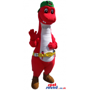 Red And White Dinosaur Mascot With A Cap And Tools - Custom