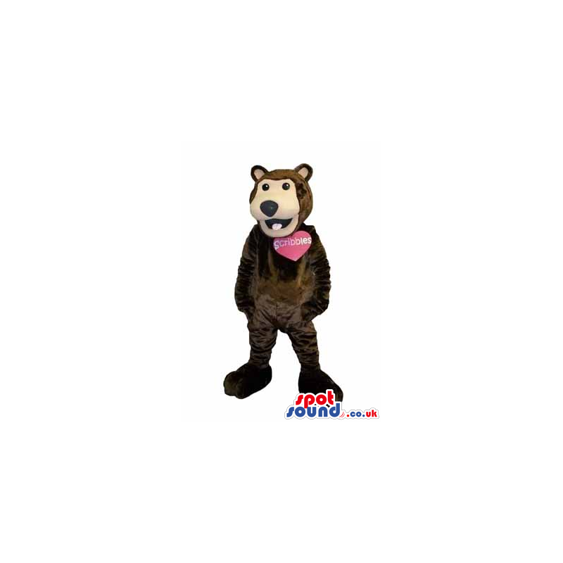 Brown Bear Animal Plush Mascot With A Pink Heart For Text -