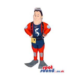 Human Character Mascot With Logo Wearing Scuba-Diver Clothes -