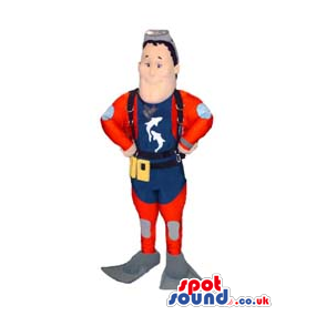 Human Character Mascot With Logo Wearing Scuba-Diver Clothes -