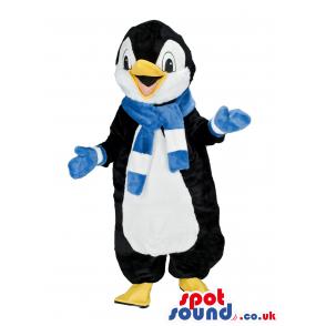 Penguin mascot talking with blue muffler and blue gloves -