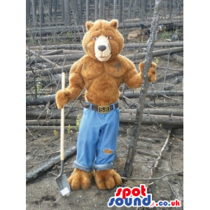 All Brown Strong Bear Animal Mascot Wearing Blue Jeans - Custom
