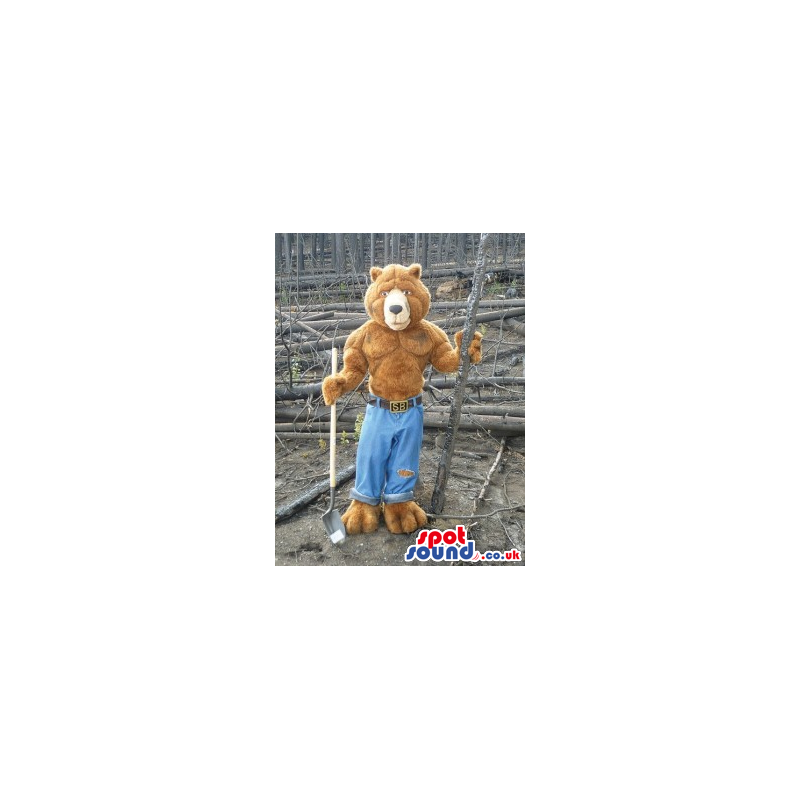 All Brown Strong Bear Animal Mascot Wearing Blue Jeans - Custom