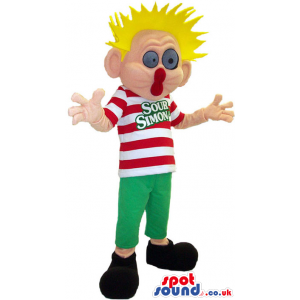 Funny Boy Human Mascot With Spiky Blond Hair And A Striped