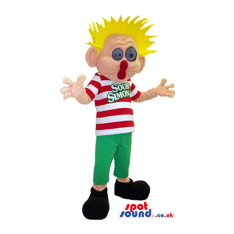 Buy Mascots Costumes in UK - Funny Boy Human Mascot With Spiky Blond Hair  And A Striped Shirt Sizes L (175-180CM)