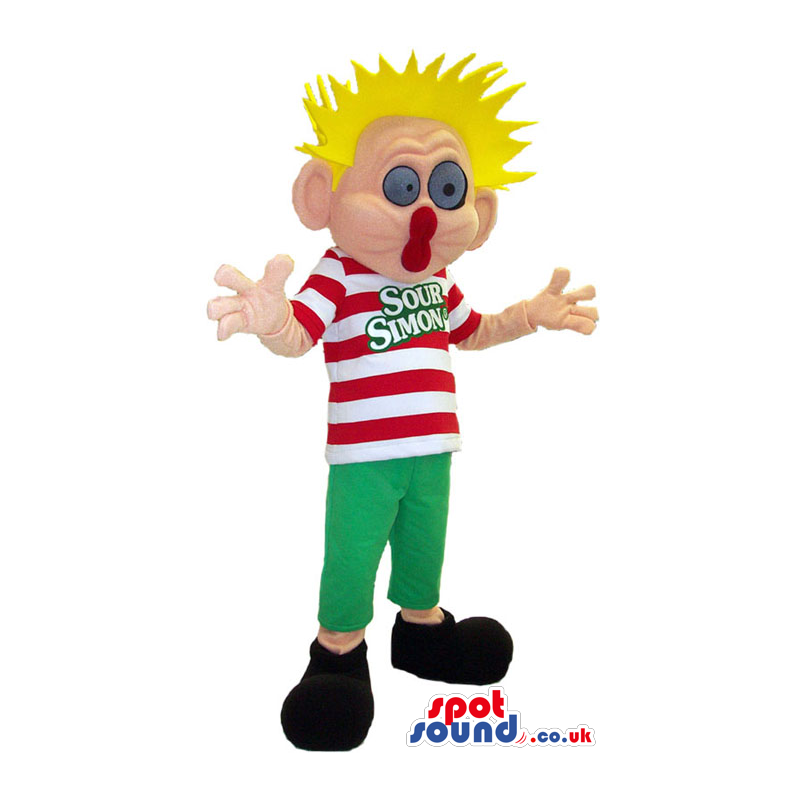 Funny Boy Human Mascot With Spiky Blond Hair And A Striped