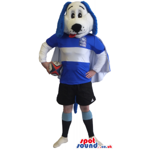 Blue And White Dog Mascot Wearing Rugby Sports Garments -