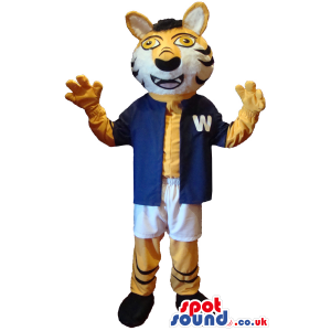 Tiger Animal Mascot Wearing Blue And White Baseball Clothes -