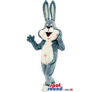 Blue & white cute bunny rabbit saying hi with his waving hand -