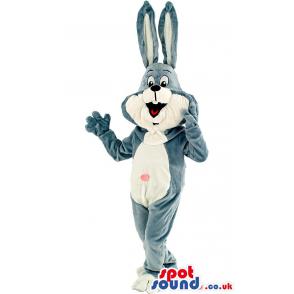 Blue & white cute bunny rabbit saying hi with his waving hand -