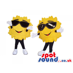Two Yellow Sun Mascots Wearing Sunglasses And Sneakers - Custom