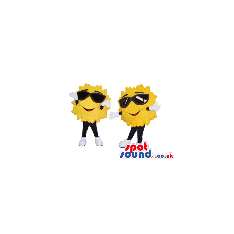 Two Yellow Sun Mascots Wearing Sunglasses And Sneakers - Custom