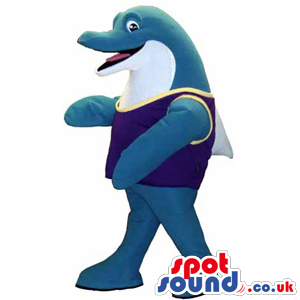 Blue And White Cute Dolphin Animal Mascot Wearing A Vest -