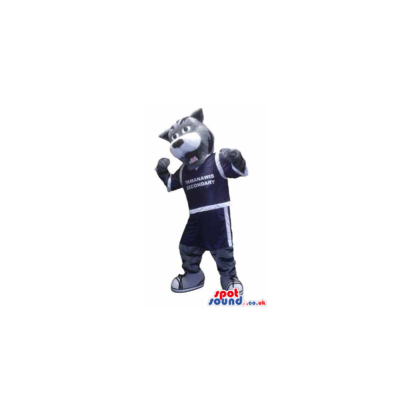 Grey Cat Pet Animal Mascot Wearing Sports Clothes With Text -